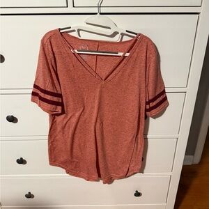 Maurices Rust V-Neck Tee with Striped Sleeves